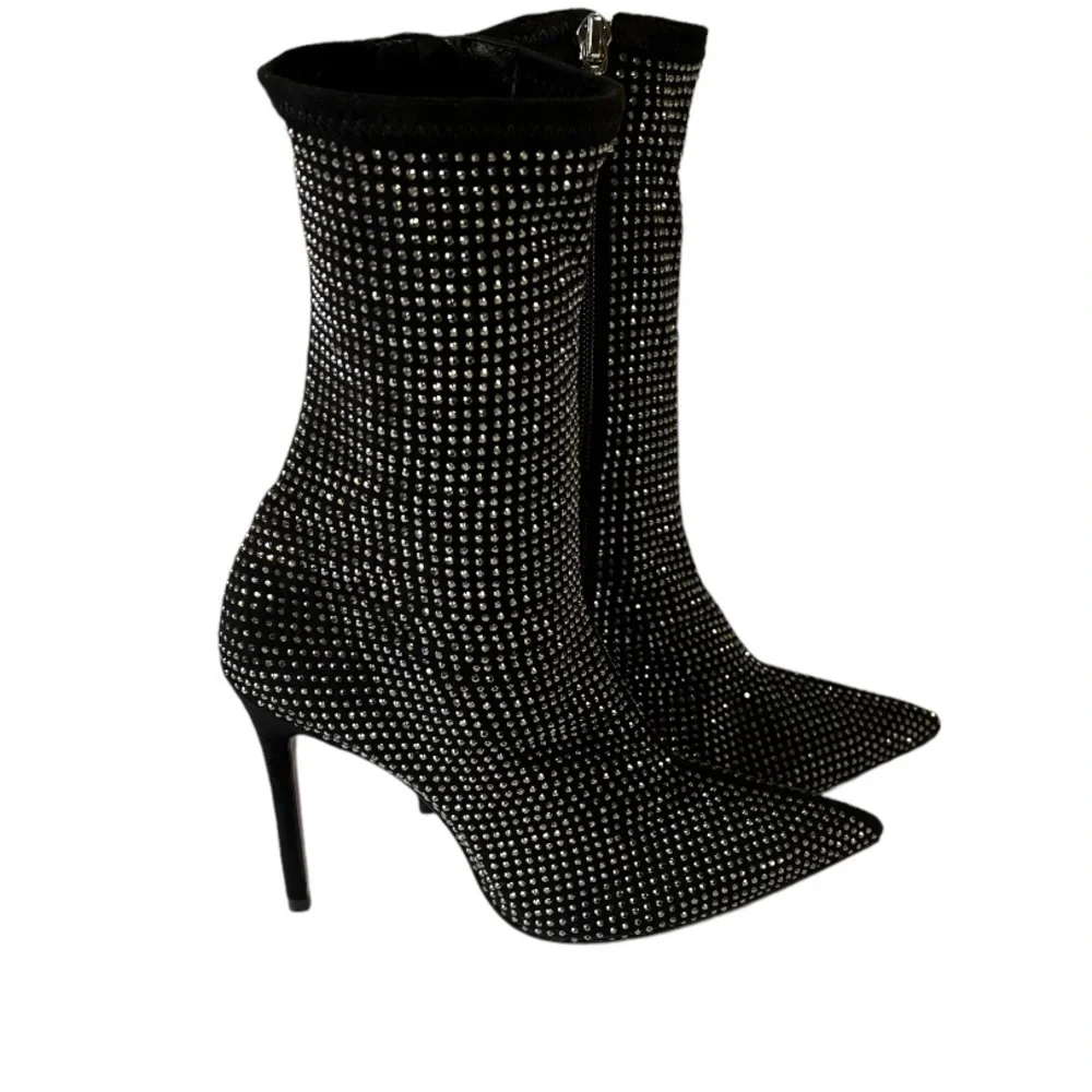 Schutz Sybil Suede Rhinestone Boots Black Silver Embellished Stiletto Women's 7